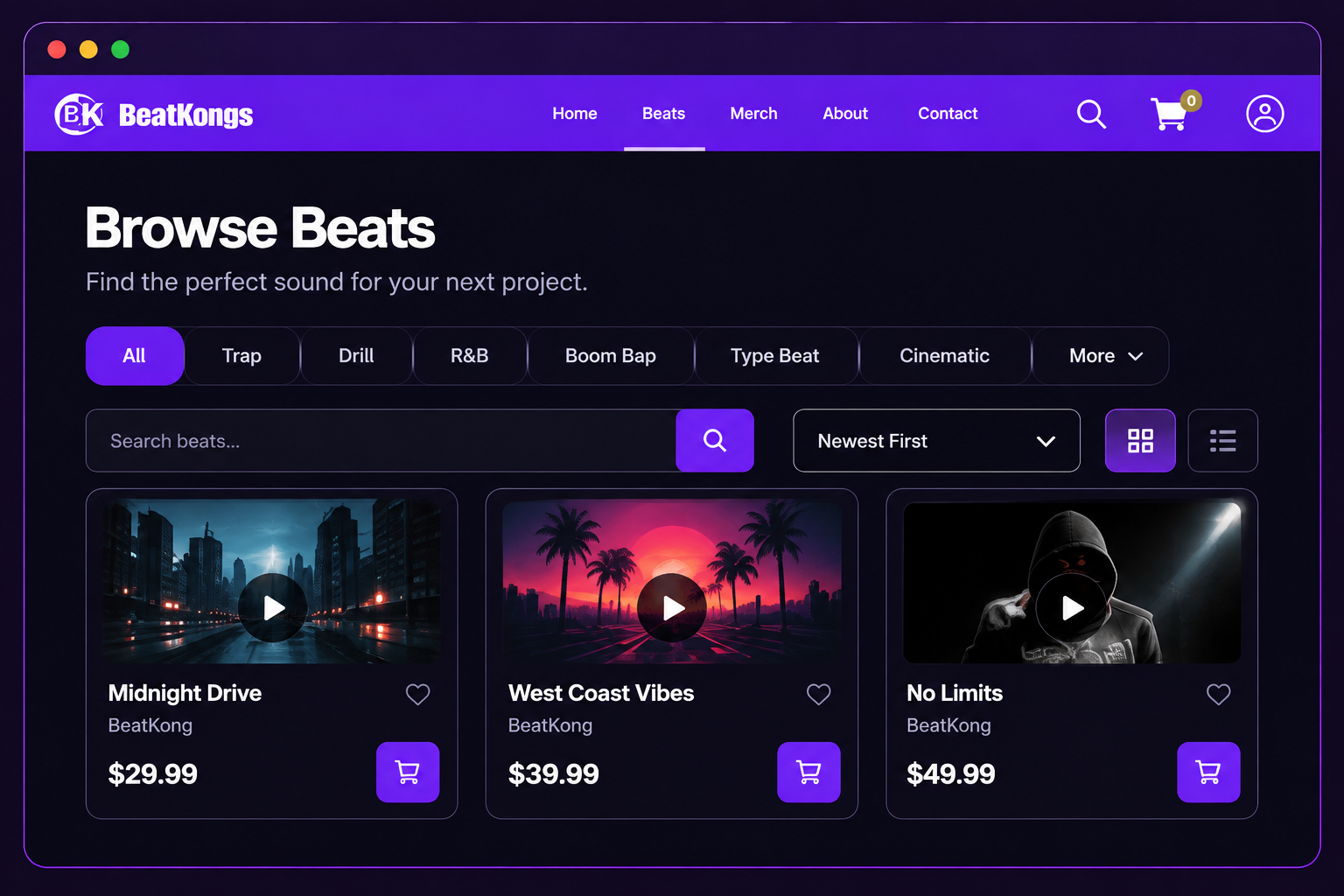 BeatKongs Browse Beats page example